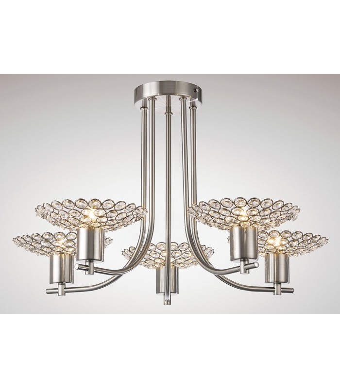 Semi Flush Ceiling 5 Light Satin Nickel, Crystal - 2