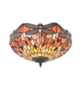 2 Light Medium Ceiling Flush Light Dark Bronze, Yellow, Tiffany Style Glass, E27 - 1