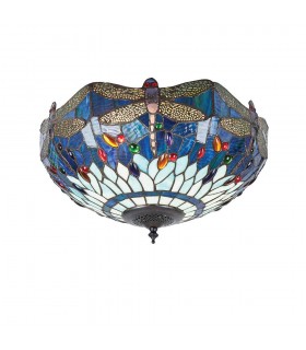 2 Light Medium Ceiling Flush Light Dark Bronze, Blue, Tiffany Style Glass, E27 - 1