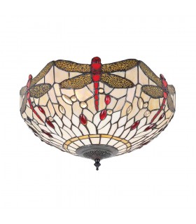 2 Light Medium Ceiling Flush Light Dark Bronze, Beige, Tiffany Style Glass, E27 - 1