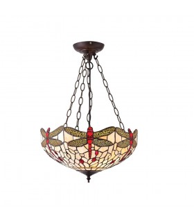 3 Light Medium Inverted Ceiling Pendant Bronze, Beige, Dragonfly Tiffany Glass, E27 - 1