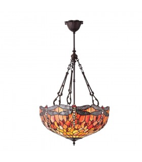 3 Light Large Inverted Ceiling Pendant Bronze, Red, Dragonfly Tiffany Glass, E27 - 1
