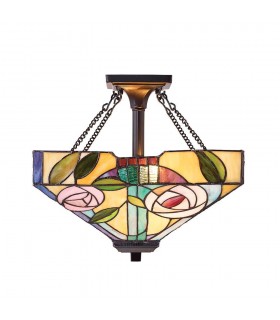 2 Light Medium Semi Flush Ceiling Light Bronze, Tiffany Glass, E27 - 1