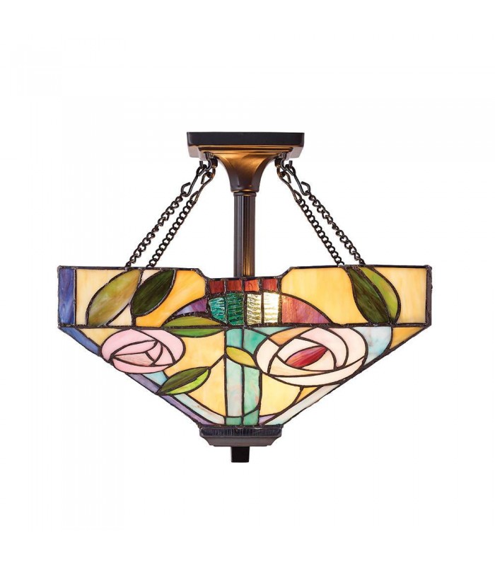 2 Light Medium Semi Flush Ceiling Light Bronze, Tiffany Glass, E27 - 1