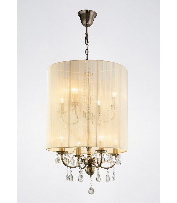 Ceiling Pendant with Ivory Cream Shade 8 Light Antique Brass, Crystal - 2