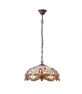3 Light Medium Ceiling Pendant Bronze, Beige, Dragonfly Tiffany Glass, E27 - 1