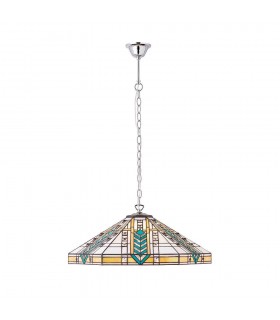 3 Light Large Ceiling Pendant Tiffany glass, chrome effect plate, E27 - 1