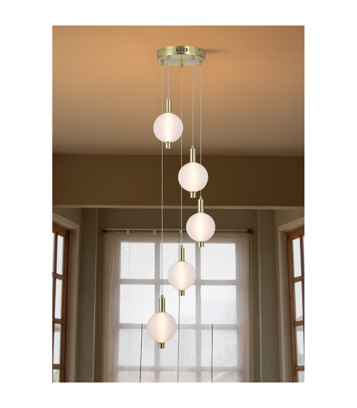 Luminique LED 5 Light Multi Drop Pendant Lamp Satin Brass Glass-2