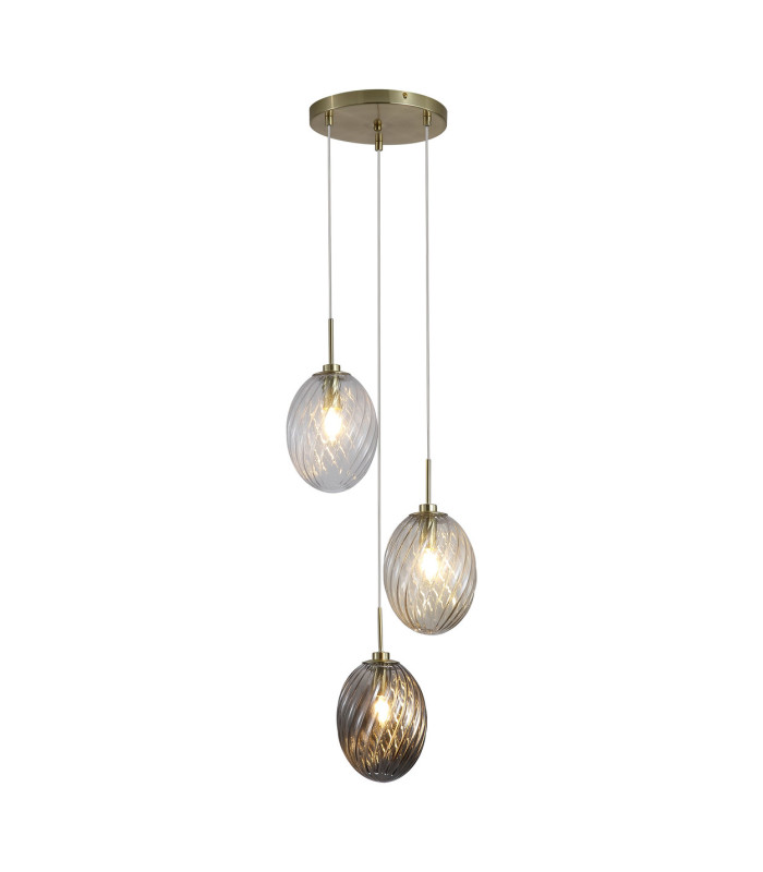 Whirl 3 Light Multi Drop Pendant Lamp Satin Brass Multi Glass 5x E14-1