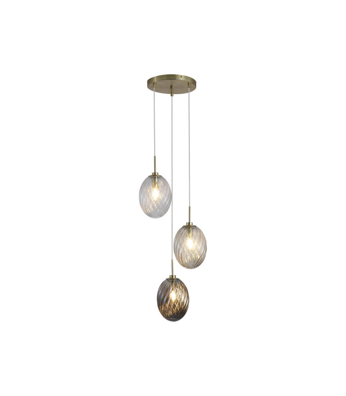 Whirl 3 Light Multi Drop Pendant Lamp Satin Brass Multi Glass 5x E14-3