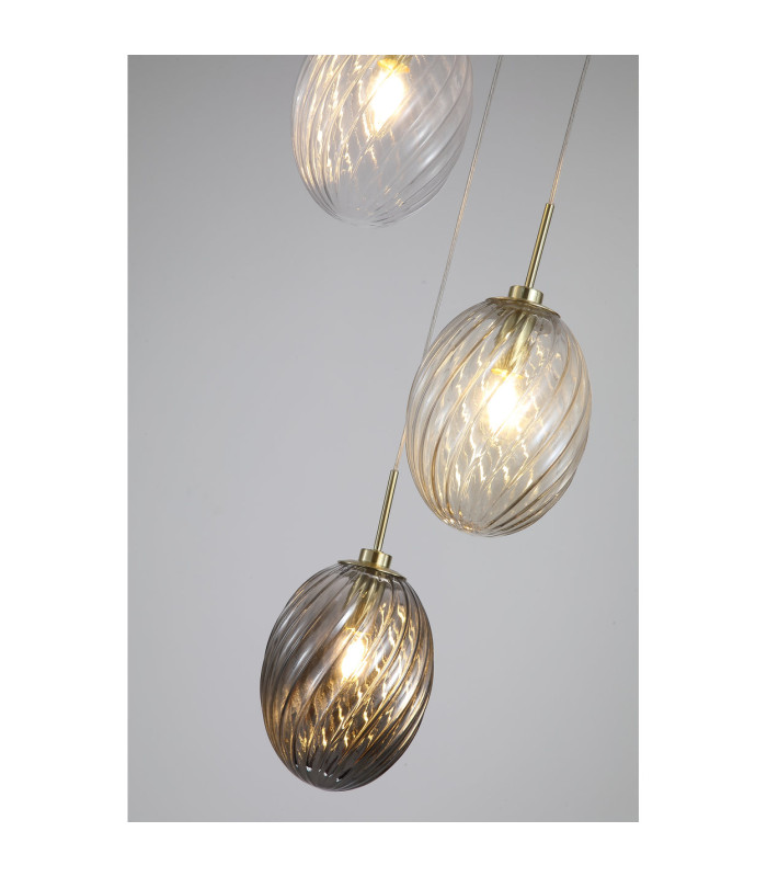 Whirl 3 Light Multi Drop Pendant Lamp Satin Brass Multi Glass 5x E14-5