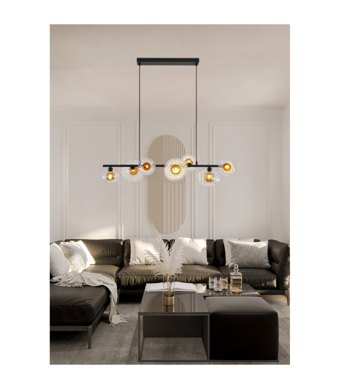 Sunbeam 7 Light Bar Pendant Lamp Clear & Amber Ribbed Glass 1x-2