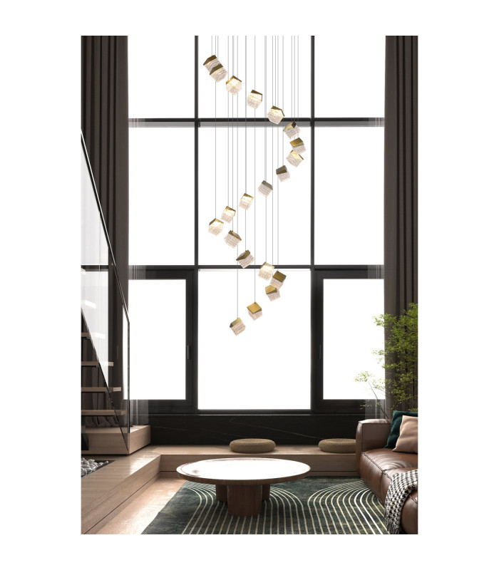 Cuboid 20 Light LED Multi Drop Pendant Lamp Satin Brass-2