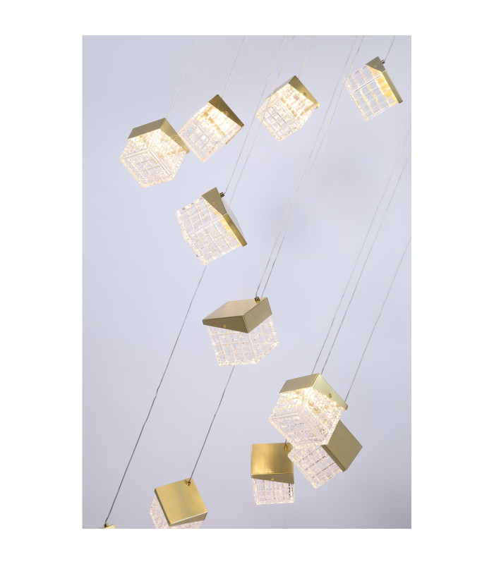 Cuboid 20 Light LED Multi Drop Pendant Lamp Satin Brass-5