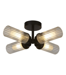 Imperial 4 Light Flush Ceiling Light Black & Clear Ribbed Glass IP44-1