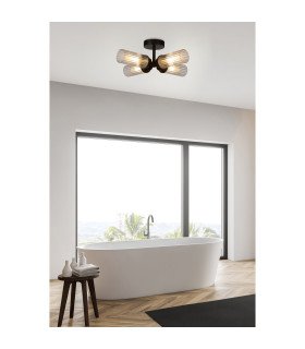 Imperial 4 Light Flush Ceiling Light Black & Clear Ribbed Glass IP44-2