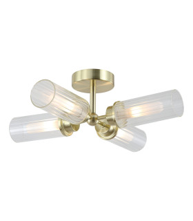 Imperial 4 Light Flush Ceiling Light Satin Brass & Clear Ribbed Glass IP44 1x-1