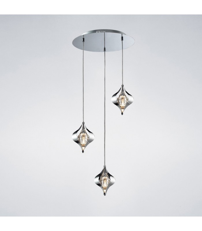 Ceiling Cluster Pendant Round 3 Light Polished Chrome, Crystal - 2