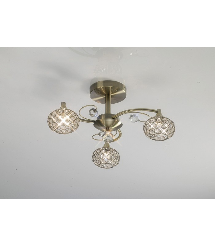 Flush Ceiling 3 Light Antique Brass, Crystal - 2