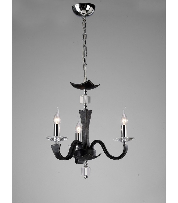 Ceiling Pendant Chandelier 3 Light Polished Chrome, Black Faux Leather, Crystal - 2