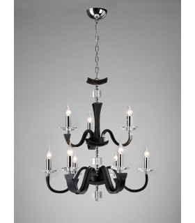 Ceiling Pendant Chandelier 2 Tier 9 Light Polished Chrome, Black Faux Leather, Crystal - 2