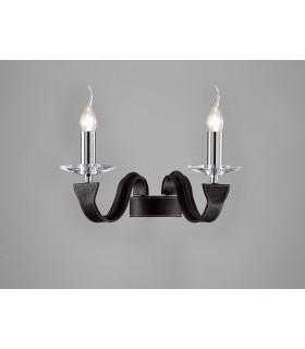 Wall Lamp 2 Light Polished Chrome, Dark Brown Faux Leather, Crystal - 2