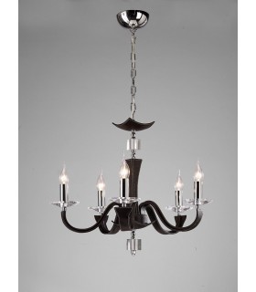 Ceiling Pendant Chandelier 5 Light Polished Chrome, Dark Brown Faux Leather, Crystal - 2