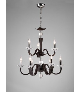 Ceiling Pendant Chandelier 2 Tier 9 Light Polished Chrome Dark Brown Faux Leather, Crystal - 2