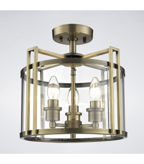 Semi Flush Ceiling 3 Light Antique Brass, Glass - 2