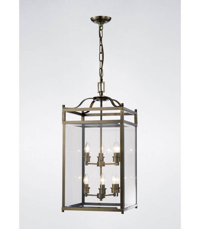 Ceiling Pendant Lantern 6 Light Antique Brass, Glass - 2