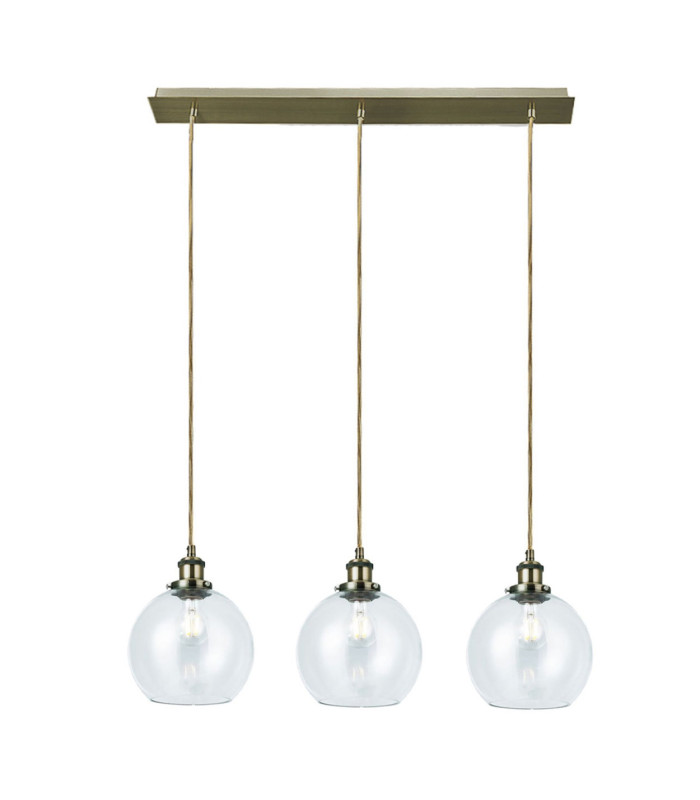 Lewis 3 Light Small Glass Ball Bar Pendant Ceiling Light Antique Brass