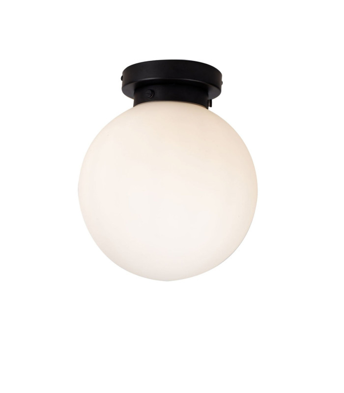 Vanity Flush Globe Ceiling Light with Opal Ball Matt Black IP44-1
