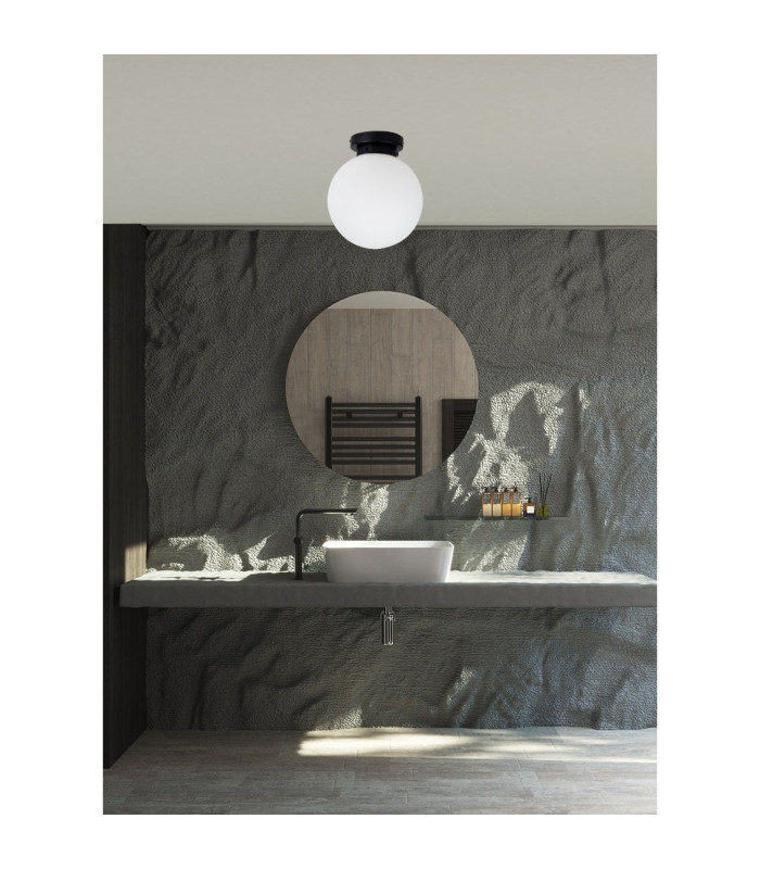 Vanity Flush Globe Ceiling Light with Opal Ball Matt Black IP44-2