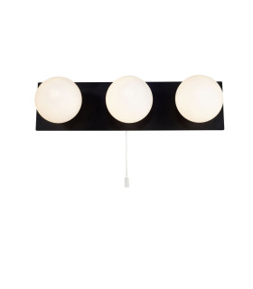Vanity 3 Light Bathroom Wall Light Pull Cord with Opal Ball Matt Black IP44-1