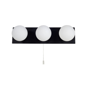 Vanity 3 Light Bathroom Wall Light Pull Cord with Opal Ball Matt Black IP44-2