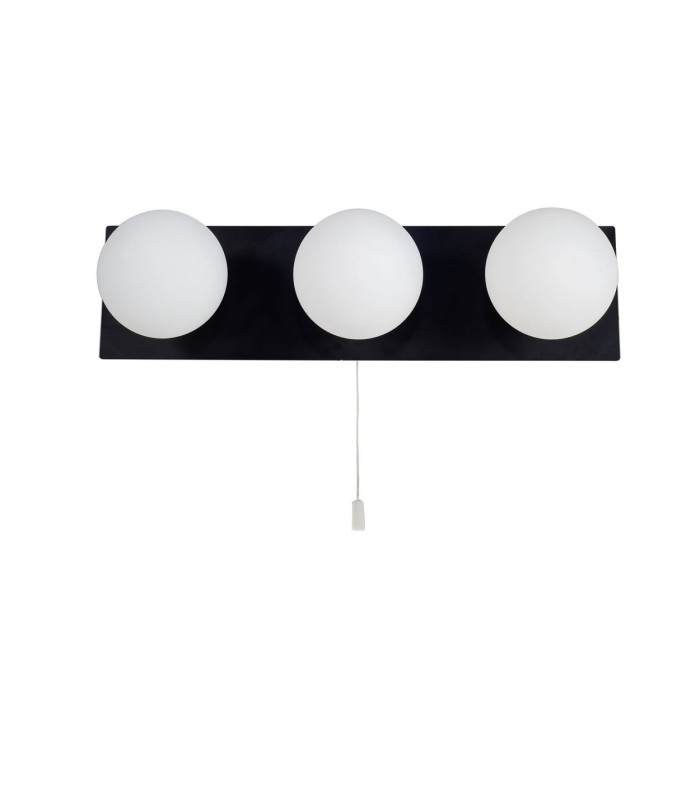 Vanity 3 Light Bathroom Wall Light Pull Cord with Opal Ball Matt Black IP44-2