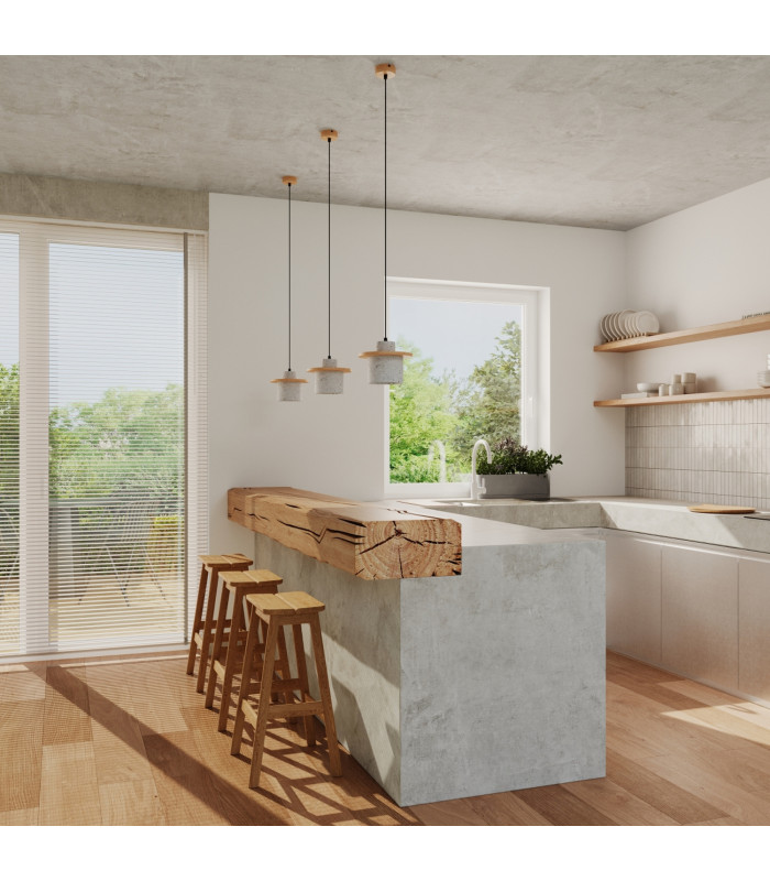 Mab Slim Pendant Ceiling Light Grey Natural Wood 1x E27-12