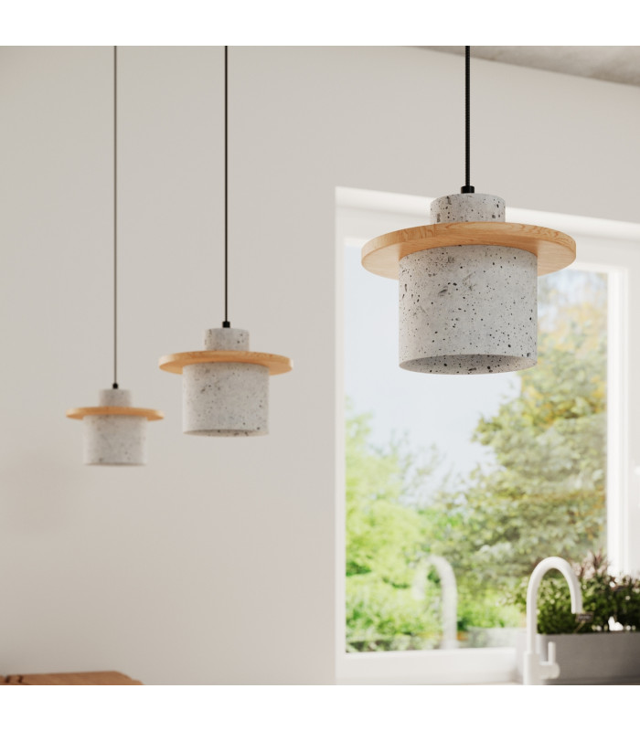Mab Slim Pendant Ceiling Light Grey Natural Wood 1x E27-14