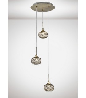 Ceiling Cluster Pendant 3 Light Round Antique Brass, Clear Glass - 2