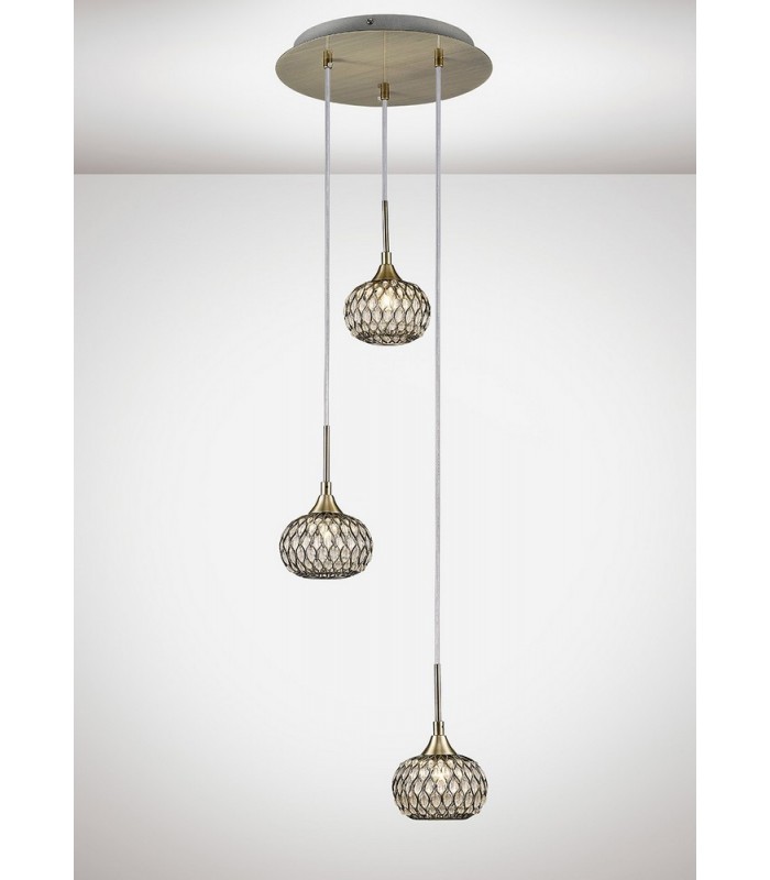 Ceiling Cluster Pendant 3 Light Round Antique Brass, Clear Glass - 2