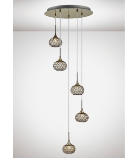 Ceiling Cluster Pendant 5 Light Round Antique Brass, Clear Glass - 2