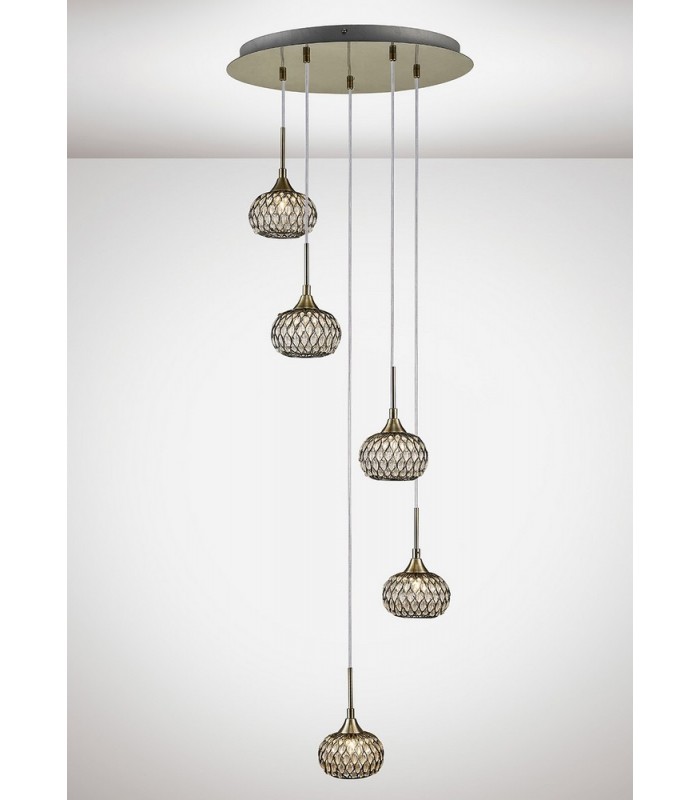 Ceiling Cluster Pendant 5 Light Round Antique Brass, Clear Glass - 2