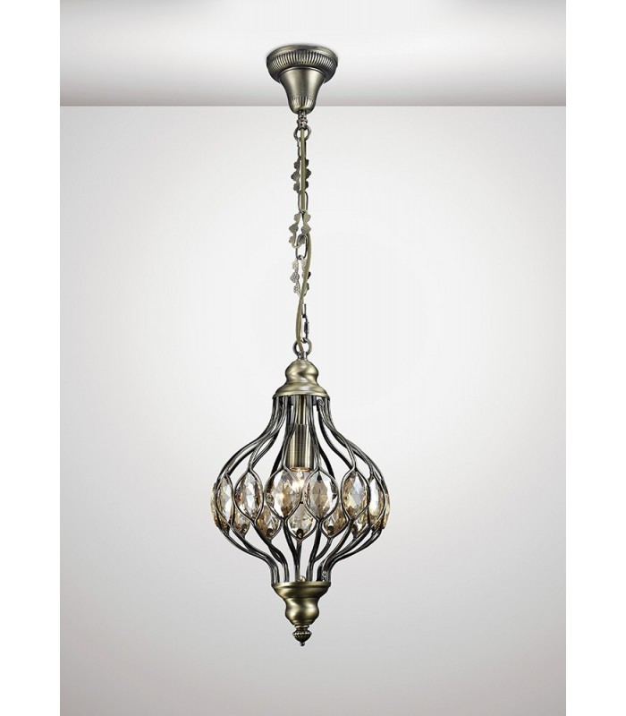 Ceiling Pendant 1 Light E27 Antique Brass, Amber Crystal - 2