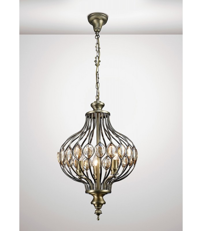 Ceiling Pendant 3 Light E14 Antique Brass, Amber Crystal - 2