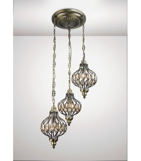 Triple Ceiling Pendant Round 3 Light E27 Antique Brass, Amber Crystal - 2