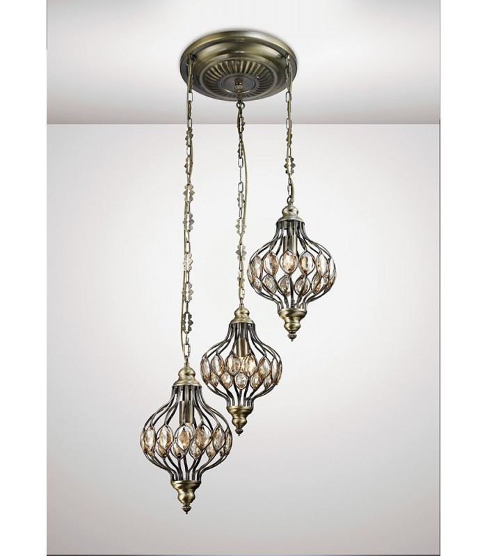 Triple Ceiling Pendant Round 3 Light E27 Antique Brass, Amber Crystal - 2
