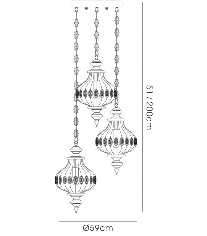 Triple Ceiling Pendant Round 3 Light E27 Antique Brass, Amber Crystal - 3