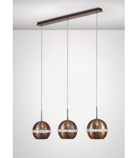 Ceiling Pendant 3 Light E27 Linear Satin Copper, Crystal - 2