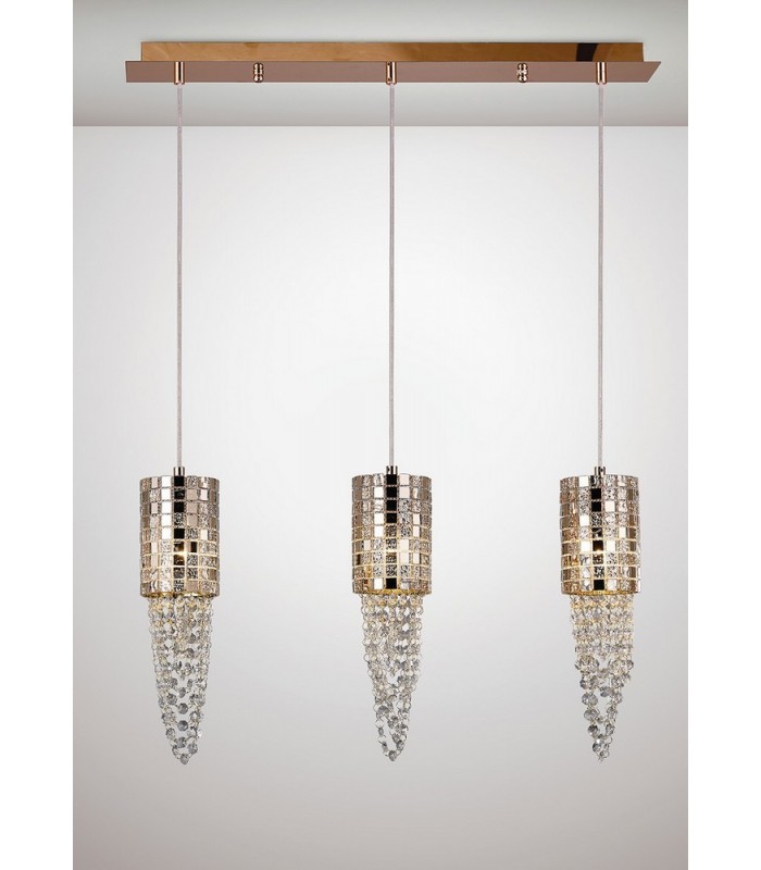 Ceiling Pendant 3 Light G9 Line Rose Gold, Mosaic Glass, Crystal - 2