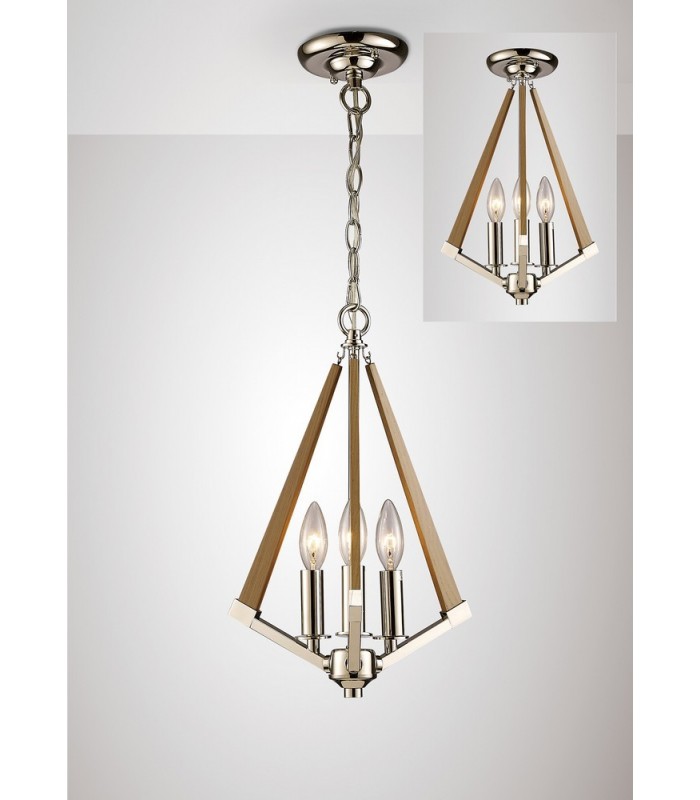 Tetragonal Caged Ceiling Pendant 3 Light E14 Polished Nickel, Taupe Wood - 2